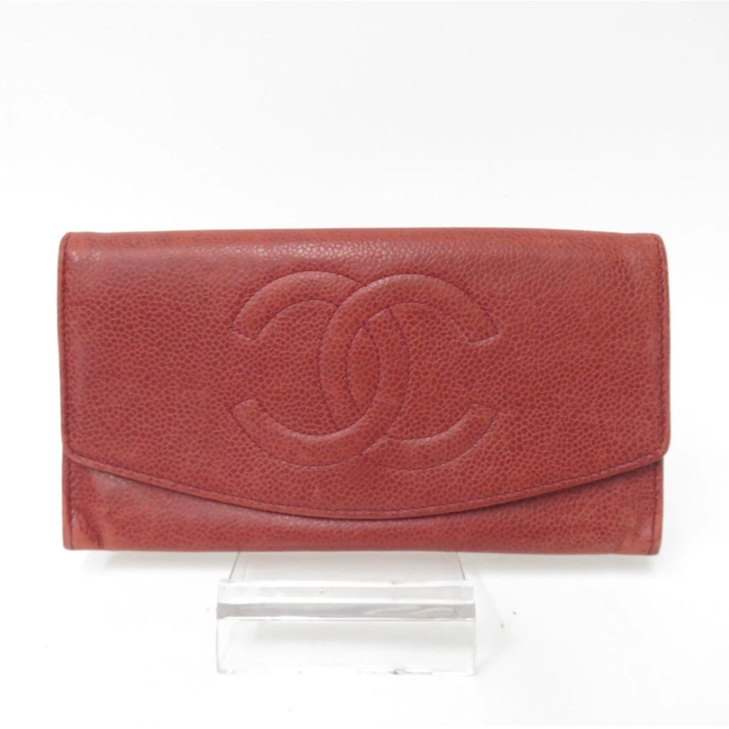 Authentic Chanel Red Caviar Leather Cc Logo Bifold Long Wallet - Chanel Wallet